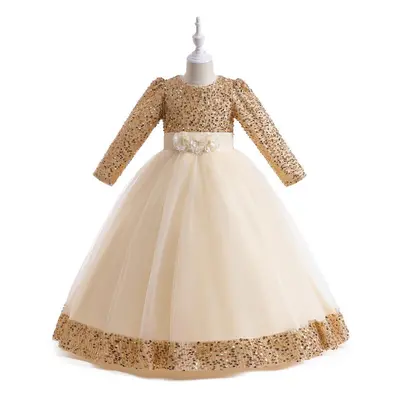 (champagne, 150CM) Summer Sequin Christmas Kids Party Dresses For Girls Bridemaid Costume Long S