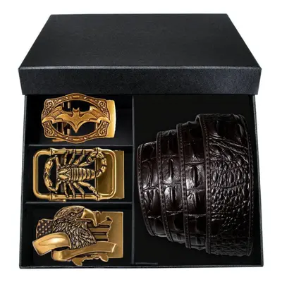 (brown, 130cm) Men Classic Crocodile Straps Black Brown Belt With Gold Automatic Buckle Belt Box