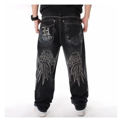 (black, 30) Man Loose Baggy Jeans Hiphop Skateboard Embroidery Denim Slacks Pants Men&apos;s Bla