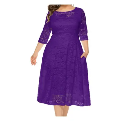 (purple, XL) Plus Size Xl-6xl New Fashion Popular Evening Dress Medium Length Hollow Lace Women 