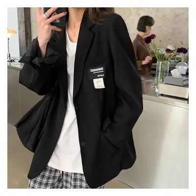 (black, L) New Style Women Casual Blazer And Coat Long Sleeve Patch Black Grey Clothes