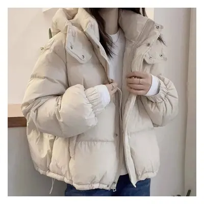 (beige, S) Fashion Parkas Jacket Women&apos;s Korean Autumn Winter Loose Hooded Thicken Warm Dow