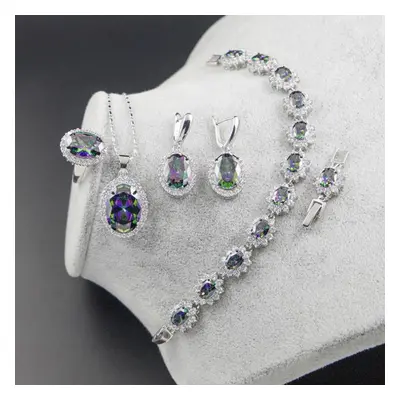 (multicolor, 9) Ring Earrings Necklace Bracelet Silver Jewelry Set Oval Shape Zircon Gemstone Ac