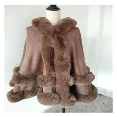 (khaki, One Size) Colors Women Faux Fox Fur Cape Big Pendulum Cardigan Winter Shawl Warm Thick C