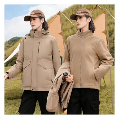 (khaki, XXXL) Women Autumn Winter Hooded Multi-function Interchange Jacket Thicken Detachable Ou