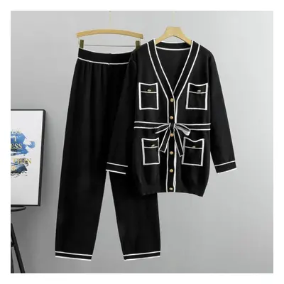 (black, M) Autumn And Winter Women&apos;s Knitted Suit Cardigan Wide Leg Pants Suit Temperament 