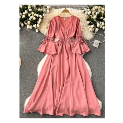 (pink, One Size) Spring Autumn New Fahison Candy Color Long Dress Women Elegant V-neck Flare Sle