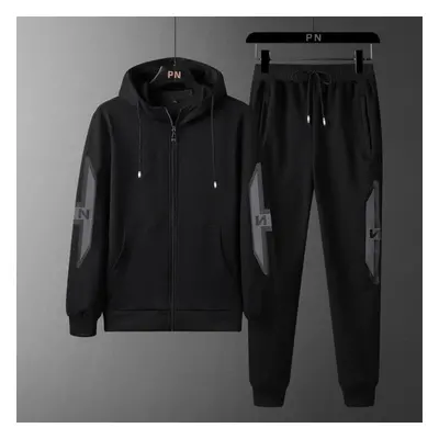 (black, L) Autumn And Winter Men &apos;s Casual Sports Suit Hooded Plus Size Cardigan Two -piece