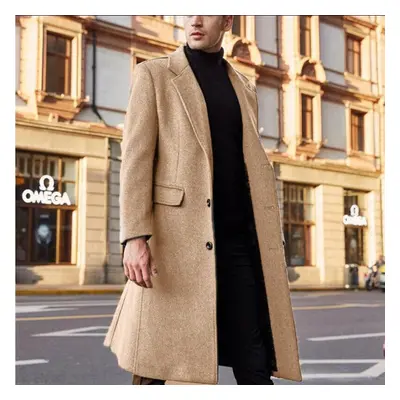 (khaki, S) British Style Long Wool Trench Coat Men Winter Mens Cashmere Coat Slim Fit Extra Long