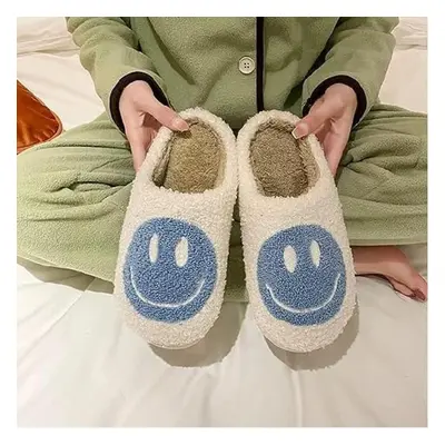 (white,blue, 42-43) Cute Smile Face Slippers, Retro Soft Plush Furry Fluffy Indoor Outdoor Shoes