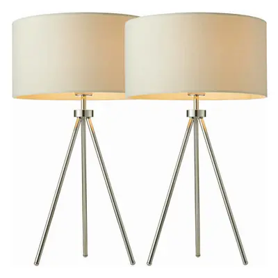 2 PACK Modern Tripod Table Lamp Chrome & Ivory Shade Slim Leg Bedside Desk Light