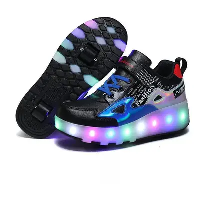 (Blue black with wheels, UK 9Kids/27/17.2 CM) Boys Girls Kids LED Wheel Trainers Kids Flash Roll