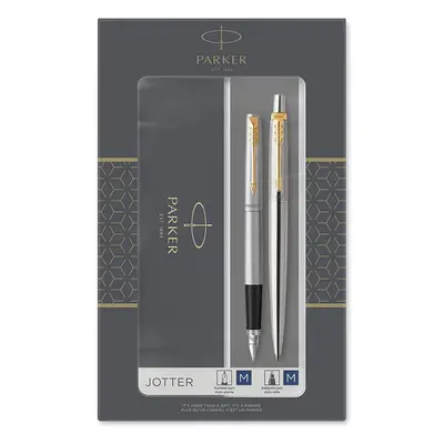 Parker Jotter Duo Gift Set with Ballpoint Pen & Fountain Pen, Stainless Steel with Gold Trim, Bl