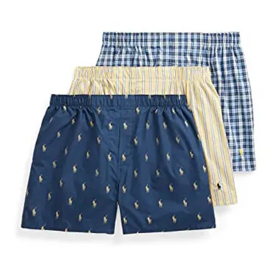 POLO RALPH LAUREN Men's Classic Fit Woven Cotton Boxers, Rustic Navy/Campus Yellow, Summer Strip