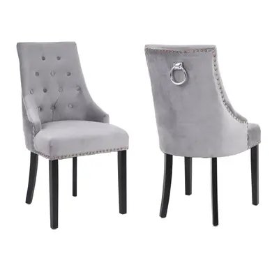 2x Grey Studded Velvet Dining Chair with Ring Knocker Detail