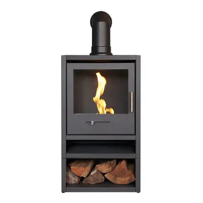 OKO S1 Bio Ethanol Stove with Log Storage in Charcoal Grey & Angled Stove Pipe