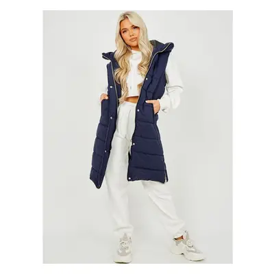 (L, Navy) Women Longline Padded Hooded quilted Gilet New UK