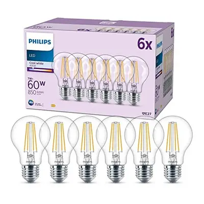 Philips LED Frosted A60 Light Bulb Pack [Cool White 4000K - E27 Edison Screw] 60W, Non Dimmable.