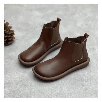 (coffee, 36) Johnature Genuine Leather Round Toe Short Boots Casual Solid Color Soft Sole Versat