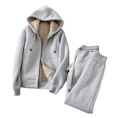 (grey, L) Set Sweatshirt Pants Zipper Placket Cardigan Drawstring Elastic Waist Solid Color Keep