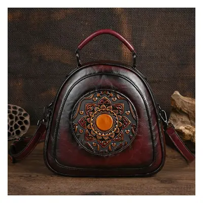 (burgundy) Johnature Vintage Handmade Totem Embossed Women Bag Versatile Luxury Handbag Large Ca