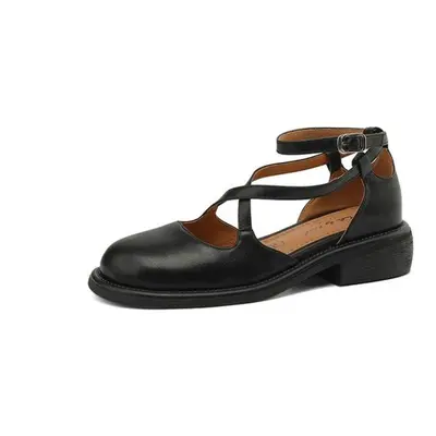 (black, 39) Cow Leather Round Toe Thick Med Heels Autumn Shoes Mary Janes Ankle Straps Solid Wom