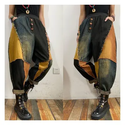 (yellow, XL) Oversized Loose Women Denim Pants Vintage Style Patchwork High Waist Jeans Pants Fe