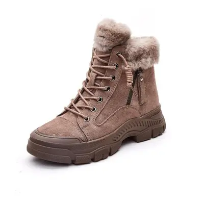 (khaki, 40) Winter Shoes Women Snow Boots Thick Sole Warm Plush Cold Winter Shoes Genuine Leathe