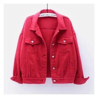 (red, 3XL) Spring Color Denim Jacket Women&apos;s Short Korean Loose Long Sleeve Jacket Student 