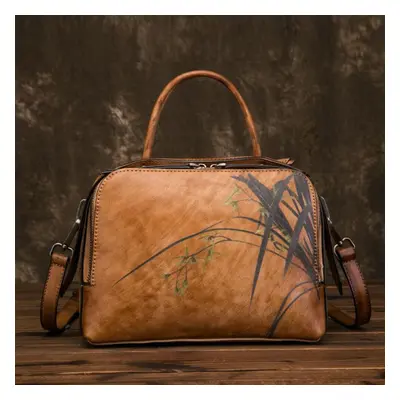 (brown) Johnature Genuine Leather Retro Floral Handbags Women Bag Leisure Cowhide Handmade Zippe