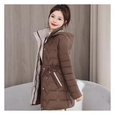 (coffee, L) Stylish And Warm: Plus Size Hooded Korean Style Mid-length Coat For Women