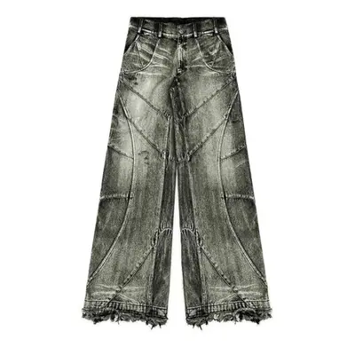 (as the picture, XXL) Unisex European American High-waisted Trousers Raw Edge Washed Jeans Men S