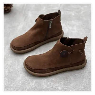 (coffee, 35) Johnature Retro Women Flat Short Boots Genuine Leather Shoes Handmade Round Toe Sol