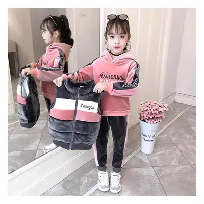 (pink, 160cm) Autumn Winter Girls Tracksuit Toddler Teenager Jacket Vest Hooded Strip Pant Three