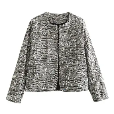 (as the picture, M) Spring And Autumn Women&apos;s Tweed Sequin Jacket