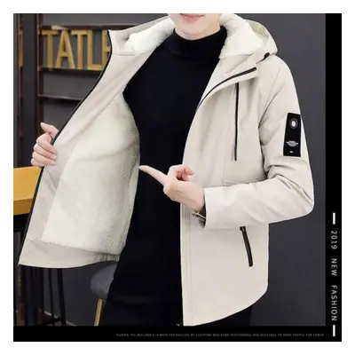 (beige, S) Large Size Men&apos;s Autumn Fashion Casual Solid Color Hooded Jacket