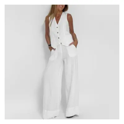 (white, XXL) Women Suit Women Suit Set Women&apos;s Cotton Linen Wide Leg Suit Set Sleeveless Ve