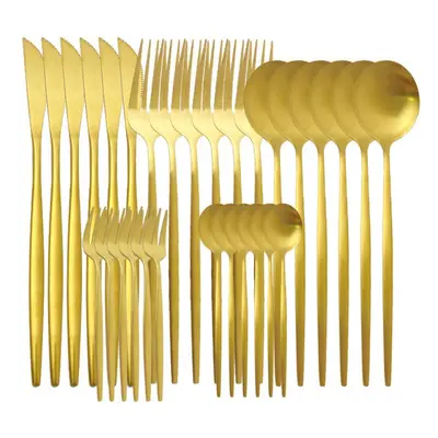 (gold) 30pcs Matte Green Gold Cutlery Set Flatware Stainless Steel Dinnerware Kitchen Silverware