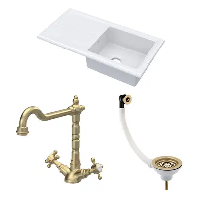 Fireclay Kitchen Bundle - Single Bowl Sink & Drainer, Waste & French Classic Tap, 1010mm - Brush