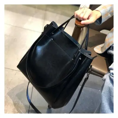 (black) Casual Large Capacity Women Tote Shoulder Bag Genuine Leather Ladies Bucket Handbag Mess