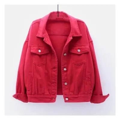 (red, 3XL) Spring New Color Denim Jacket Women&apos;s Short Korean Loose Long Sleeve Jacket Stud