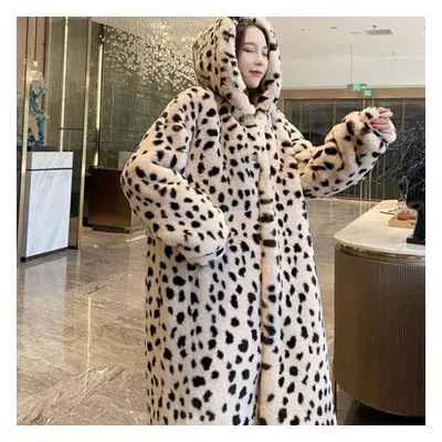 (as the picture, S) Faux Fur Jacket Winter Ladies Fashion Leopard Print Hooded Thick Warm Mid-le