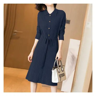 (dark blue, M) Shoesbox Women Knitted Dresses Female Long Sleeve Dress Autumn Winter Turn-down C