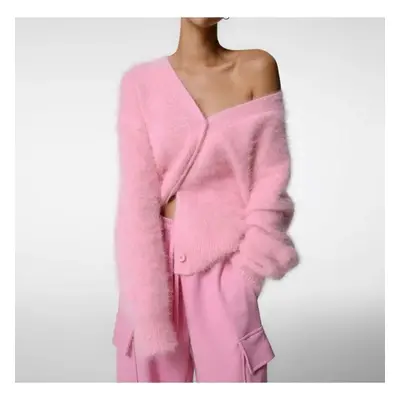 (pink, L) Fashion New Knitted Angola Cardigan Women Luxe Mink Oversized Soft V-neck Long Sleeve 