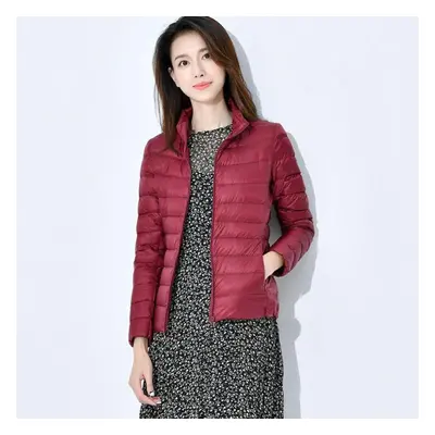 (dark red, M) Women&apos;s Down Jacket Winter Short Hooded Warm Slim Fashion Solid Color Jacket