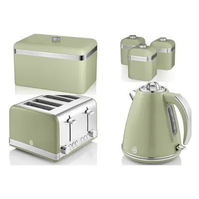 Swan Retro Green Jug Kettle, Slice Toaster, Bread Bin & Canisters