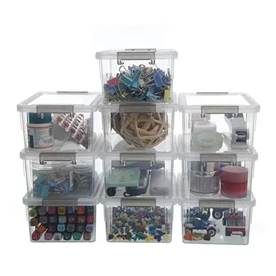 10 Pack Storage Boxes with Lids Plastic Small Clear Stackable Box for Shelves Toys, 1.25L