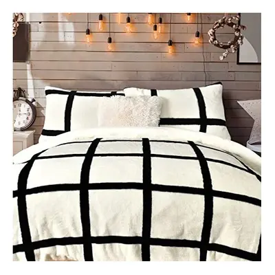 Sleepdown Teddy Fleece Large Grid Check Natural Reversible Duvet Cover Quilt Bedding Set with Pi