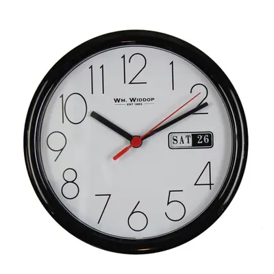 Wm.Widdop Day/Date Wall Clock-Black Case White Dial 8.5"Rnd