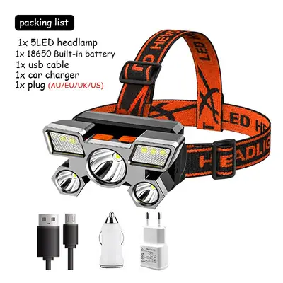 (D Packing) 5LED with Built-in Battery USB Rechargeable Portable Flashlight Lantern Headlamp Out